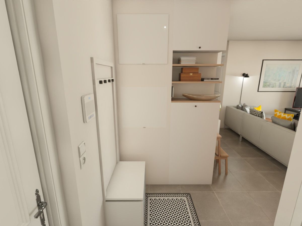 Meuble entrée discret et fonctionnel Visuel 3D Meuble d'entrée sur mesure avec tablettes pour compléter le coffrage du tableau électrique - consultante en aménagement intérieur en gironde