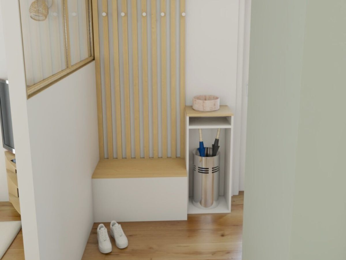 Banc entrée et claustra visuel 3D Banc avec claustra vertical, verrière et patères dans une entrée lumineuse - consultante en aménagement intérieur en gironde