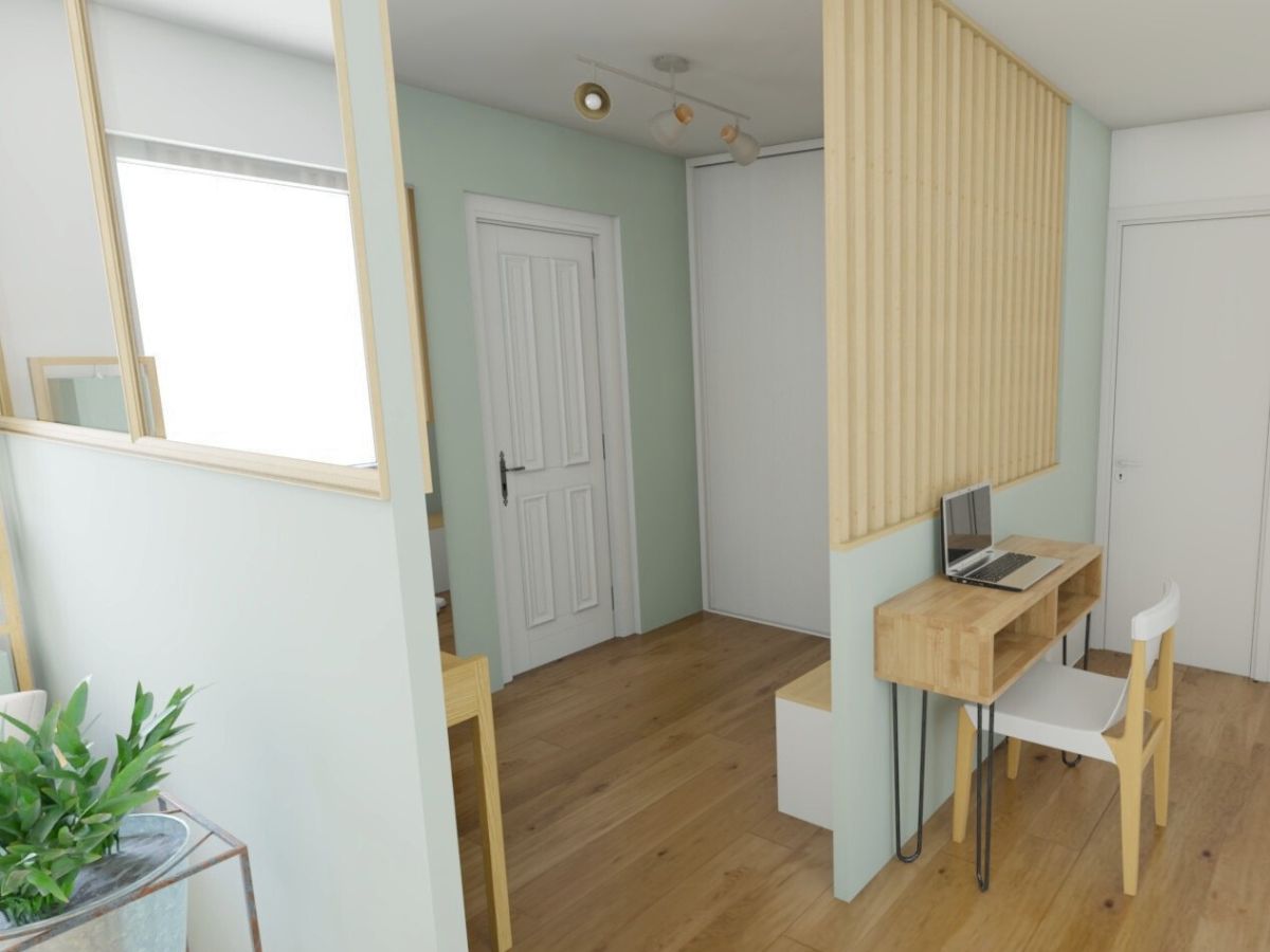 Entrée délimitée mais ouverte visuel 3D Vue sur l'entrée et un coin bureau derrière une demi-cloison avec claustra