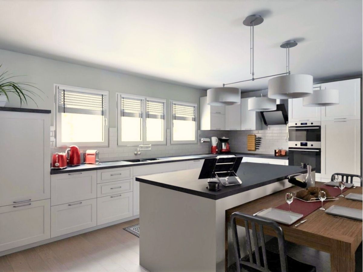 Cuisine lumineuse (visuel 3D) Cuisine blanche avec crédence métro et plan de travail noir - Consultante en aménagement intérieur en Gironde