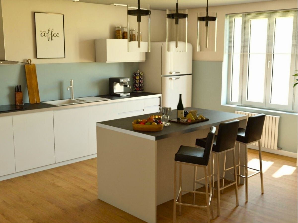 Cuisine tons doux et clairs (visuel 3D) Cuisine dans les tons blancs et bleus avec réfrigérateur vintage - Consultante en aménagement intérieur en Gironde