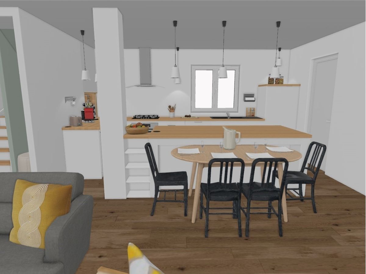 Intégration de la table de salle à manger dans l’ilot de cuisine (visuel 3D) visuel 3D cuisine avec ilot qui intègre la table de salle à manger - Consultante en aménagement intérieur en Gironde