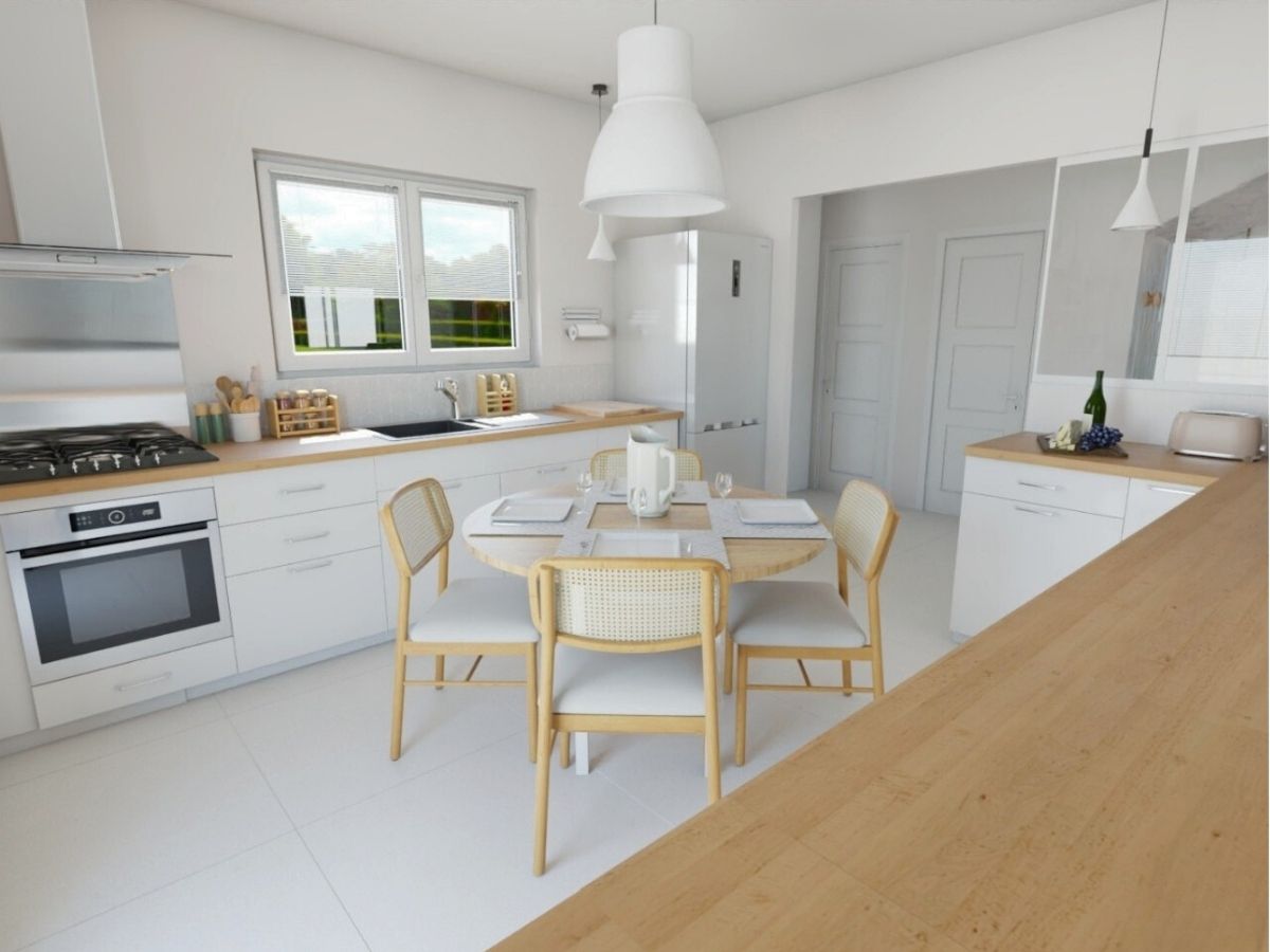 Cuisine familiale (visuel 3D) Cuisine familiale dans les tons naturels blancs et bois avec table ronde et plan de travail en bois - Consultante en aménagement intérieur en Gironde