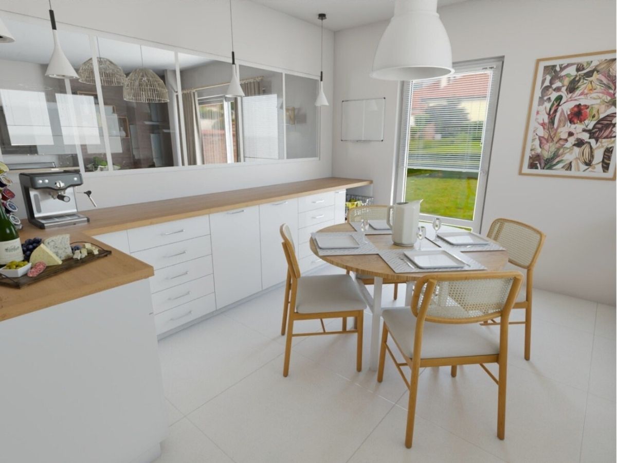 Cuisine familiale 2 (visuel 3D) Cuisine familiale dans les tons naturels blancs et bois avec table ronde et plan de travail en bois - Consultante en aménagement intérieur en Gironde