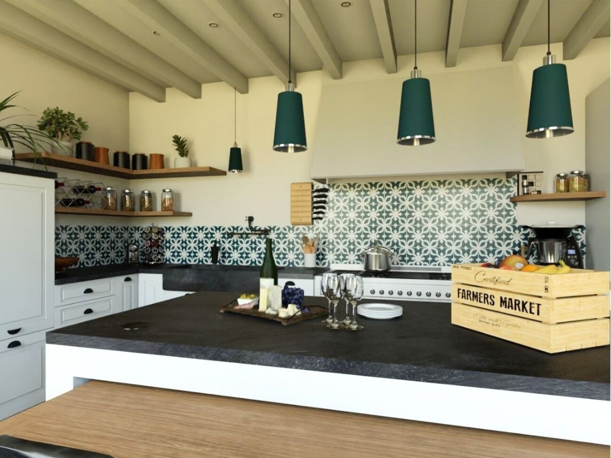 Cuisine maison de campagne (visuel 3D) Cuisine maison de campagne blanc et noir avec touches de verre sapin - Consultante en aménagement intérieur en Gironde
