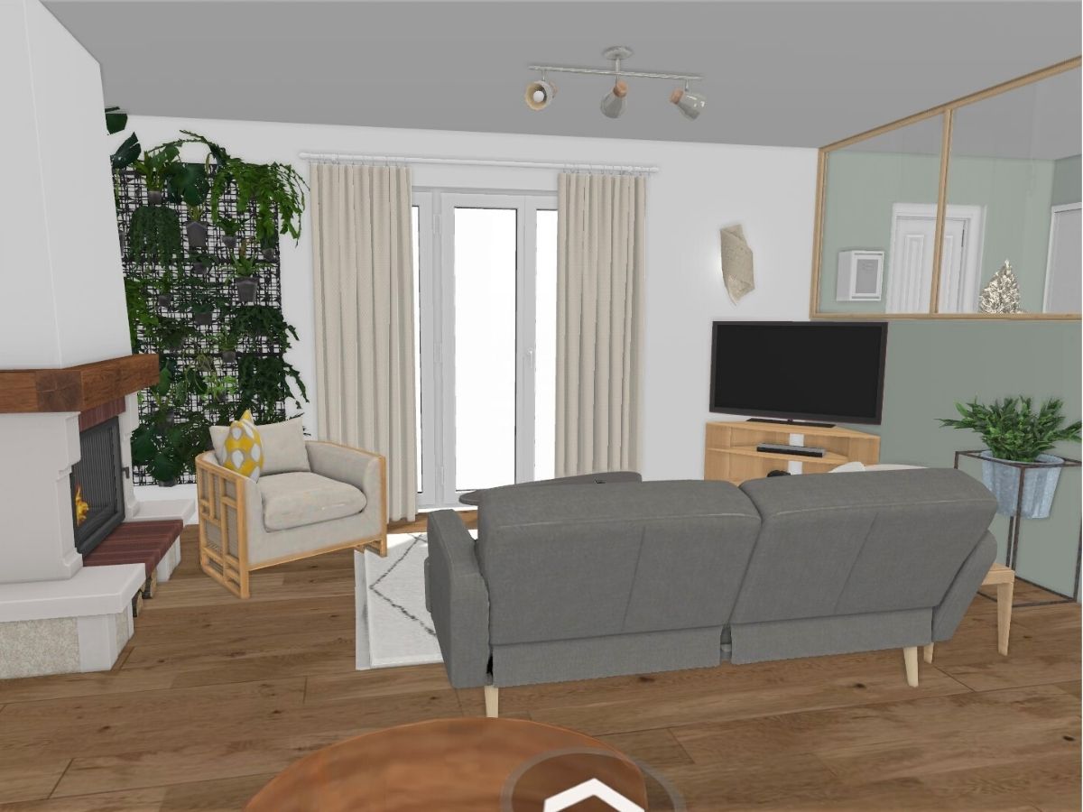 Coin salon avec cheminée (visuel 3D) coin salon avec cheminée et demi-cloison avec verrière - Consultante en aménagement intérieur en Gironde