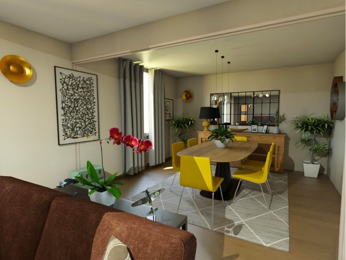 Pièce à vivre dans une ambiance vintage (visuel 3D) pièce à vivre dans une ambiance vintage avec meubles en bois, chaises jaune moutarde et miroir façon verrière - Consultante en aménagement intérieur en Gironde