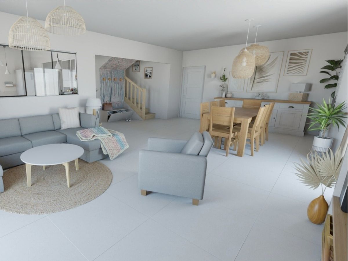 Grande pièce à vivre dans des tons neutres et naturels (visuel 3D) tons neutres et naturels, luminaires en osier et rotin, meubles restaurés - Consultante en aménagement intérieur en Gironde
