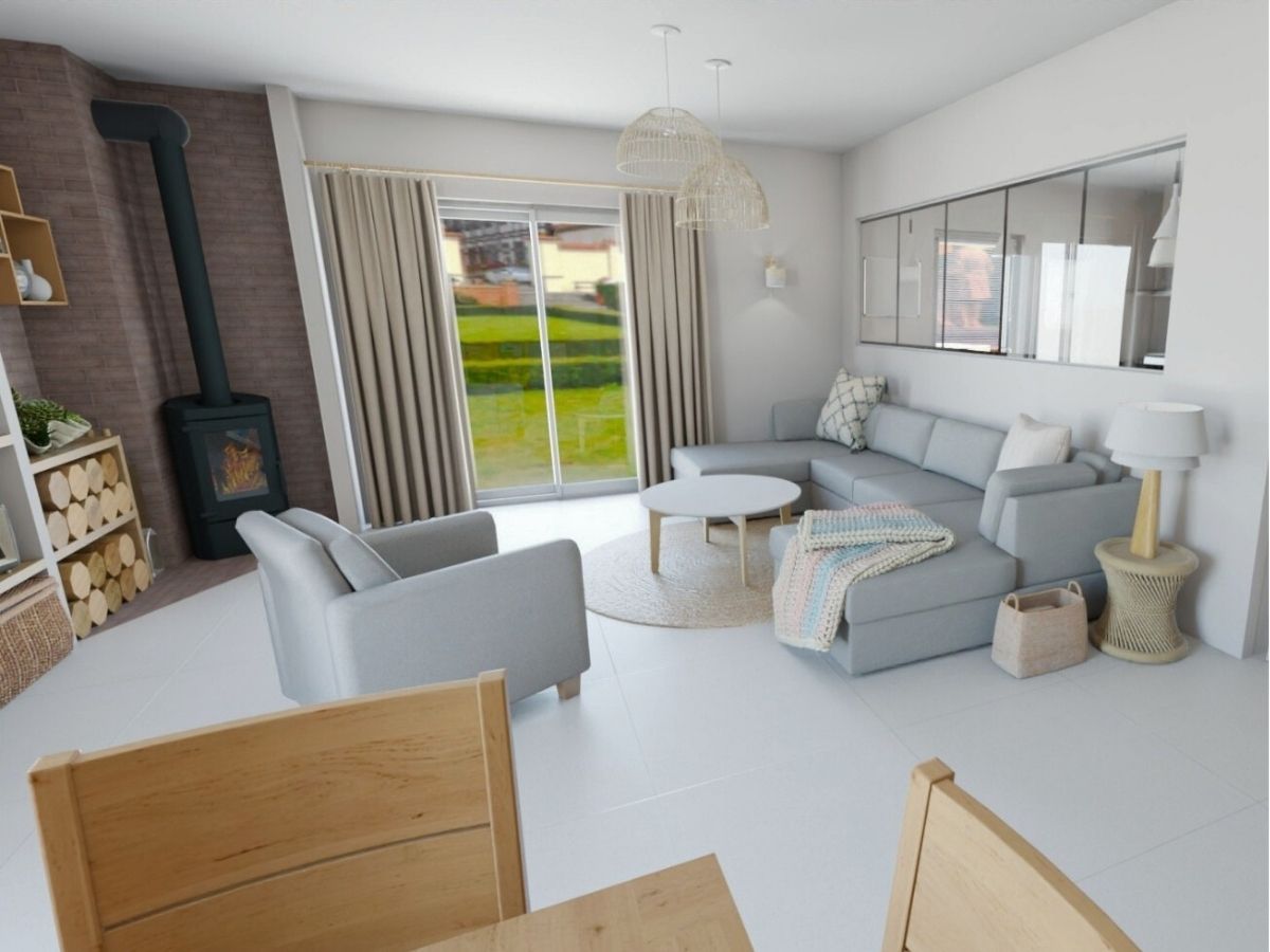 Salon au coin du feu (visuel 3D) poêle à bois et parement en pierre naturelle, salon - Consultante en aménagement intérieur en Gironde