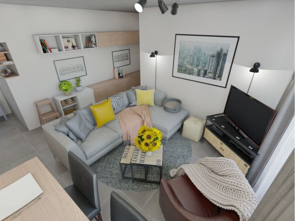 Aménagement pièce à vivre petit appartement (visuel 3D) cuisine donnant sur salon espace télé, rangement - Consultante en aménagement intérieur en Gironde