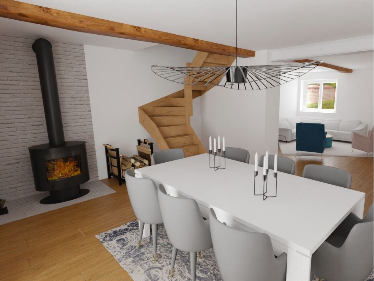 Aménagement salle à manger avec escalier et coin cheminée (visuel 3D) coin cheminée, escalier et table de salle à manger - Consultante en aménagement intérieur en Gironde
