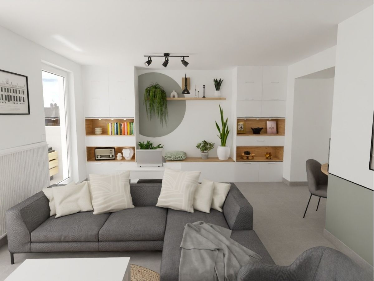 Pièce à vivre avec living sur-mesure living sur-mesure, pièce à vivre lumineuse avec canapé gris, aplat de peinture sur les murs - Consultante en aménagement intérieur en Gironde
