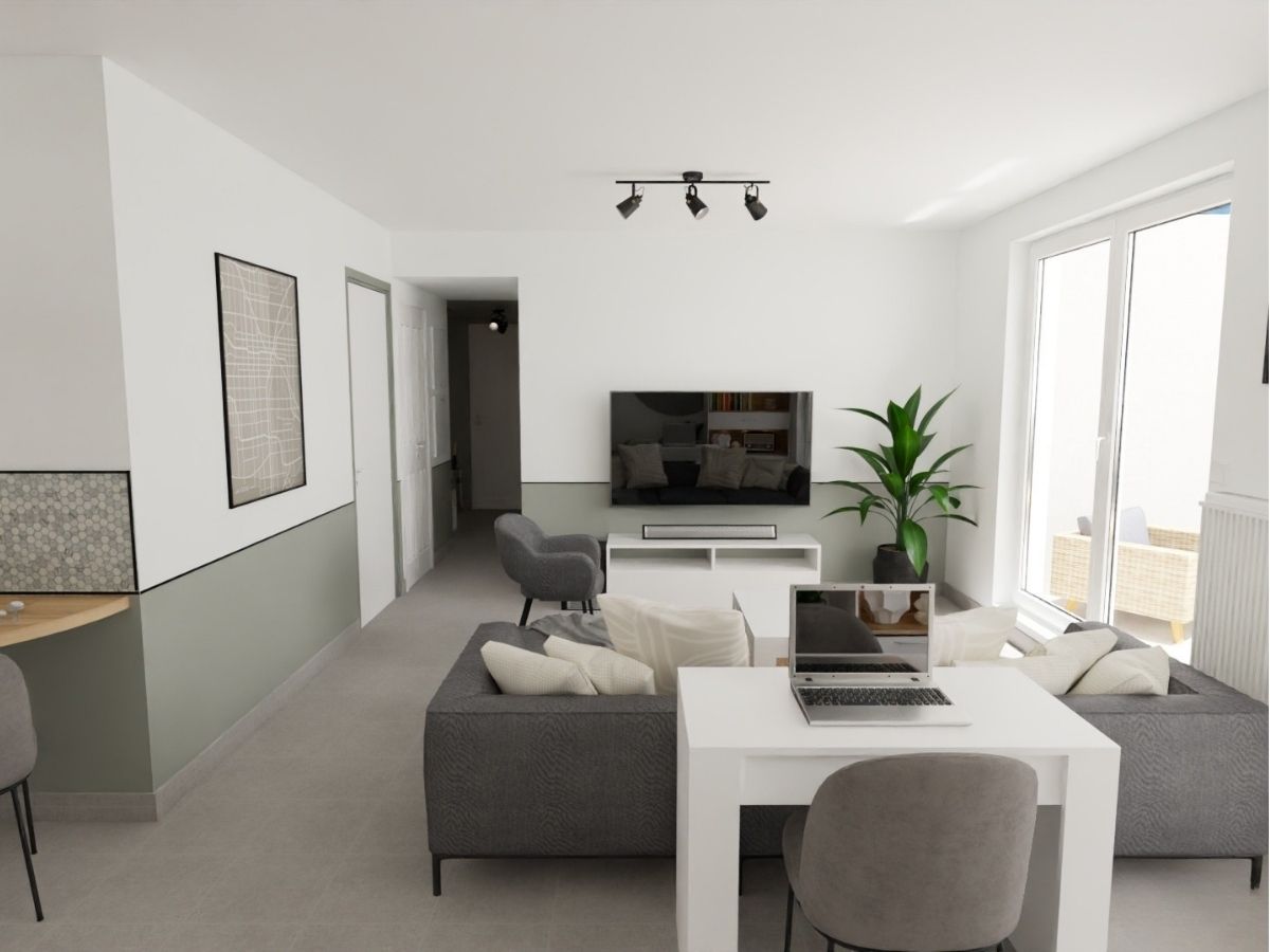 Pièce à vivre vert lichen et blanc murs blancs soubassements vert lichen, télévision et canapé gris, table d'appoint - Consultante en aménagement intérieur en Gironde