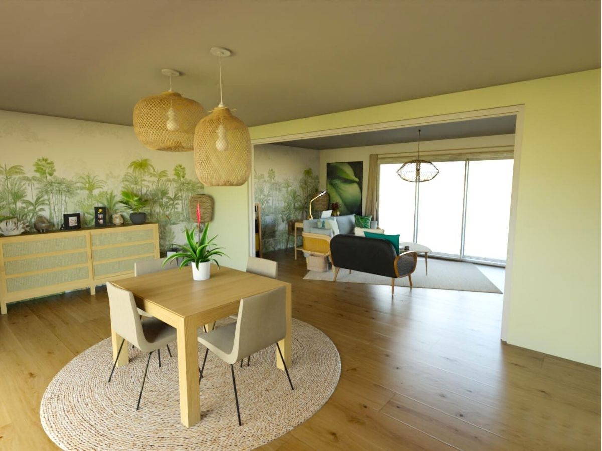 Pièce à vivre avec salle à manger ouverte sur le salon (visuel 3D) salle à manger ouverte sur le salon, matériaux naturels et doux - Consultante en aménagement intérieur en Gironde