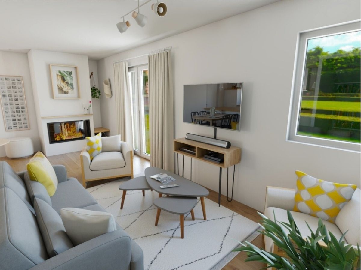 Petit salon avec cheminée (visuel 3D) Petit espace salon avec canapé et télévision, cheminée moderne et vue sur le jardin - Consultante en aménagement intérieur en Gironde