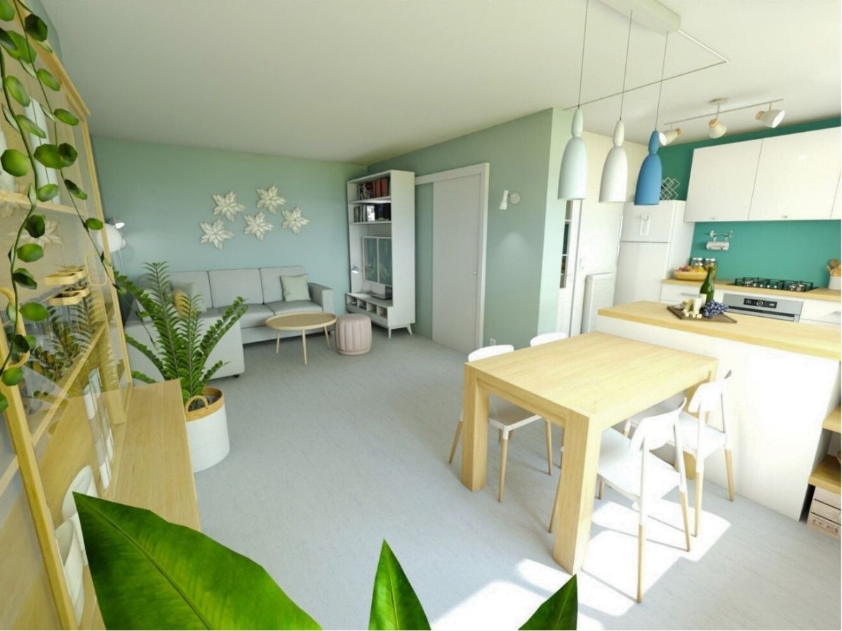 Appartement aux notes végétales – Visuel 3D séjour aux notes végétales et naturelles avec bois et éléments blancs et verts - Consultante en aménagement intérieur en Gironde