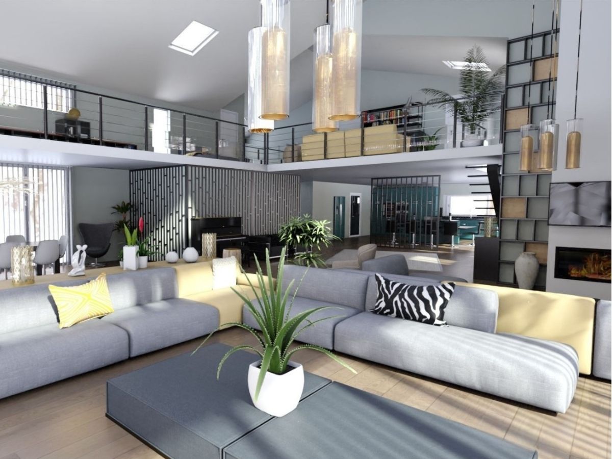 Rénovation d’une grange – Visuel 3D grande rénovée avec plafond cathédrale et grand séjour avec cheminée, grandes baies vitrées et mezzanine - Consultante en aménagement intérieur en Gironde