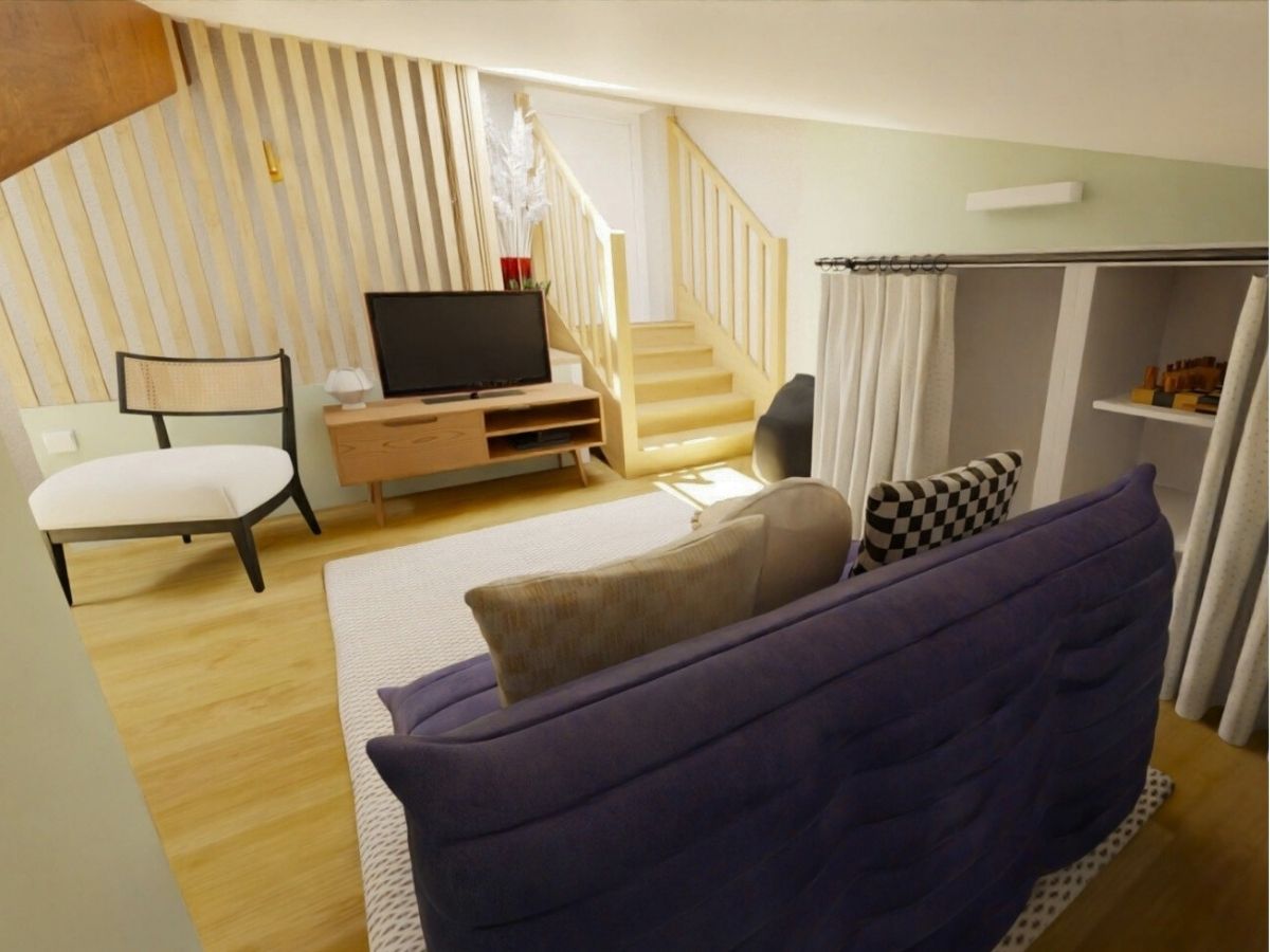 Un pièce sous les toits pour un espace détente espace détente sous les toits avec coin canapé et télévision, rangements jeux - Consultante en aménagement intérieur en Gironde