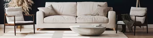 canapé blanc tapis blanc plantes sur fond sombre - Consultante en aménagement intérieur en Gironde