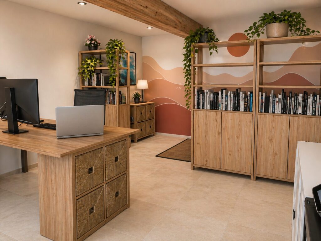 vue 3D sur une pièce de 15 m² ambiance terracotta avec des étagères de séparation entre espace bureau d'un côté et espace détente de l'autre