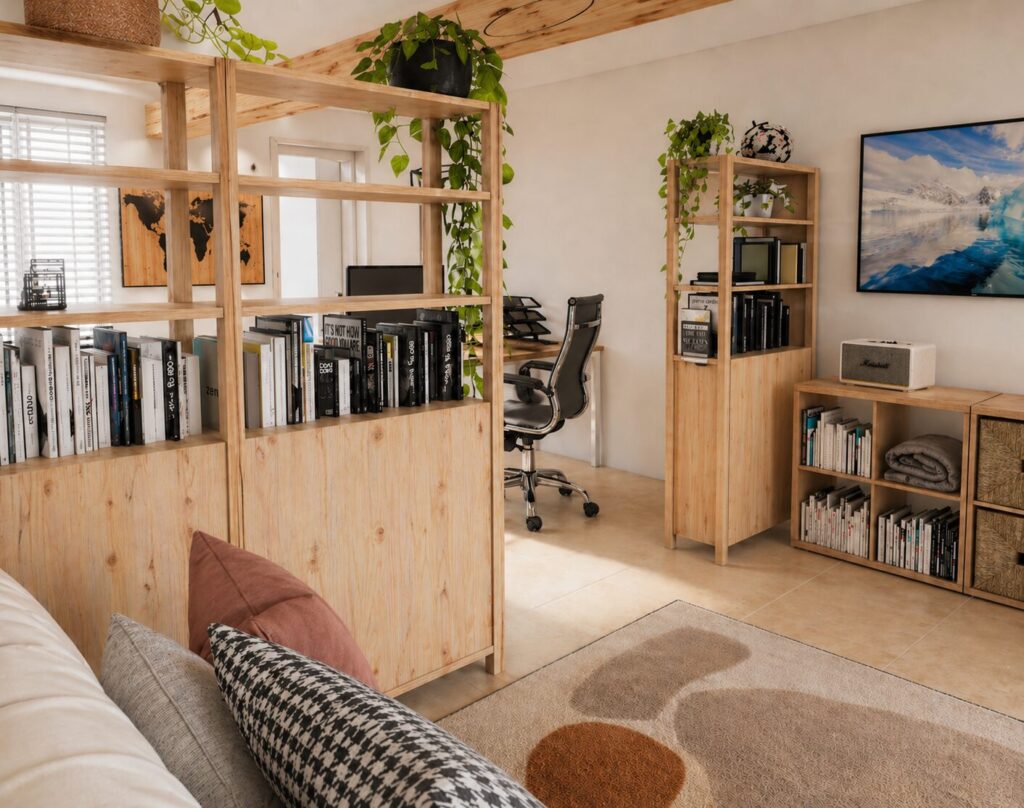 aménagement d'une pièce de 15 m² avec séparation des zones détente et télétravail par des étagères en bois