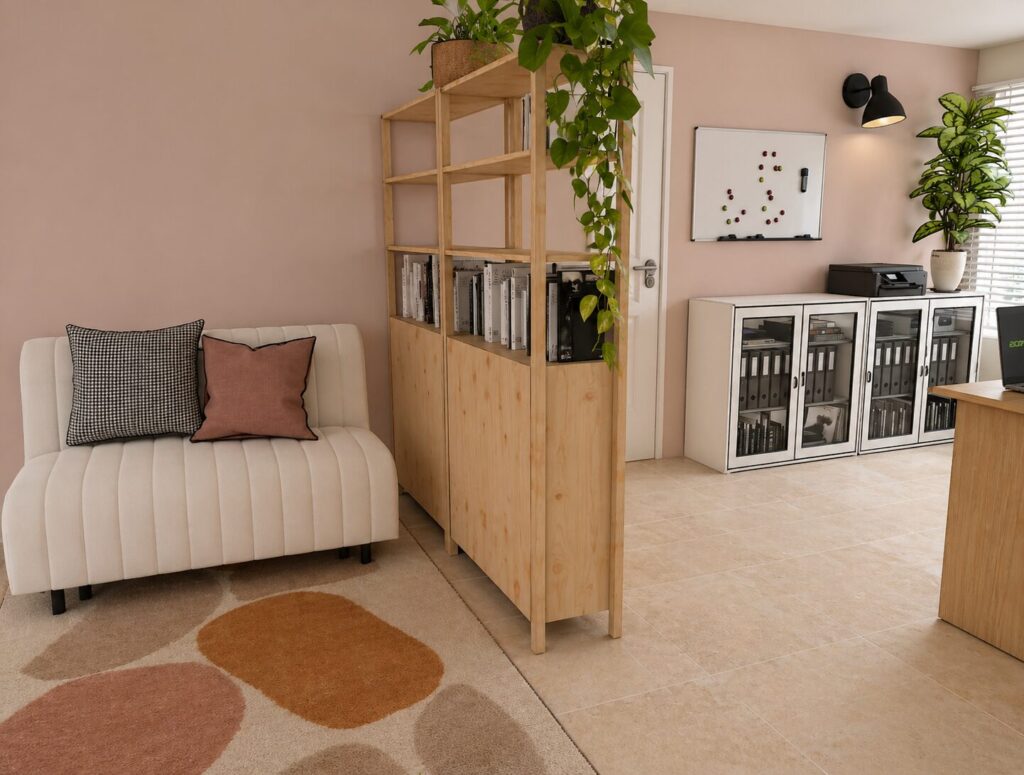 espace détente ambiance terracotta avec séparation de l'espace bureau par des étagères en bois
