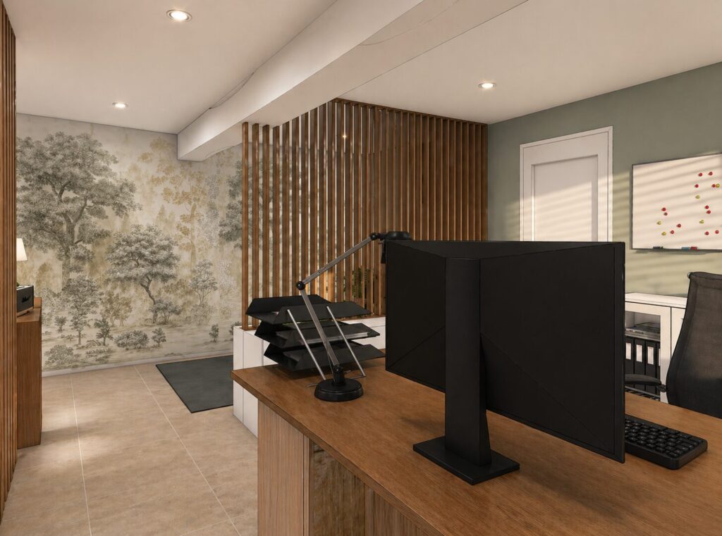 vue 3D d'un espace de télétravail dans une pièce de 15 m² avec espace détente derrière un module de séparation avec claustra en bois