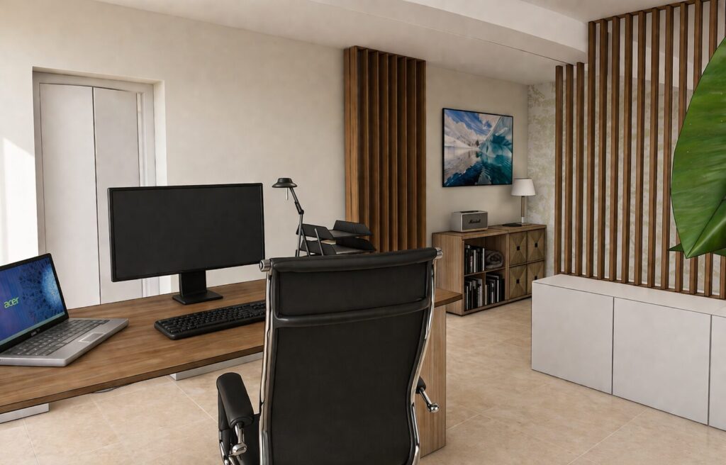 pièce de 15 m² avec espace bureau et espace détente séparés par des rangements surmontés d'un claustra