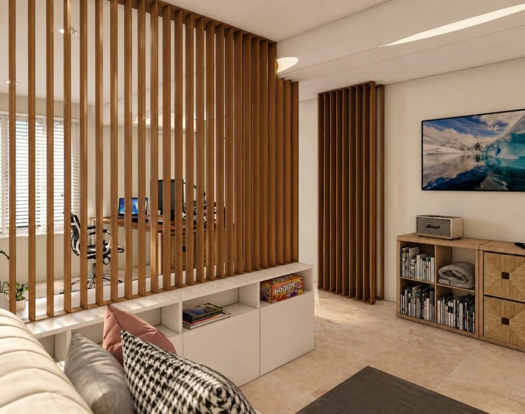 aménagement espace détente dans une pièce de 15 m² avec espace télétravail