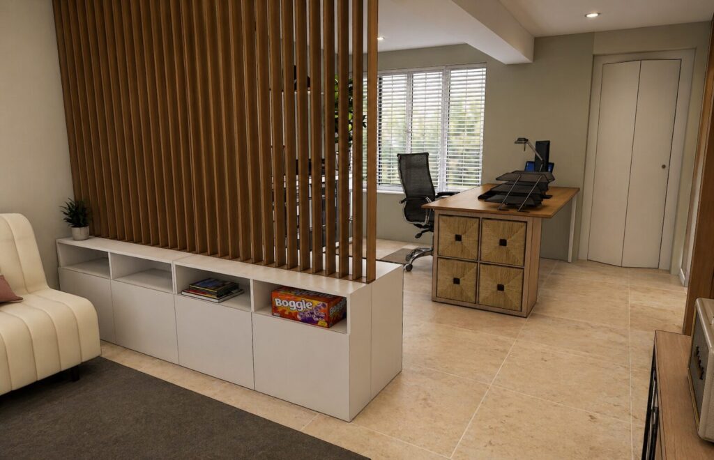 Vue 3D d'un bureau avec espace détente dans une pièce de 15 m²
