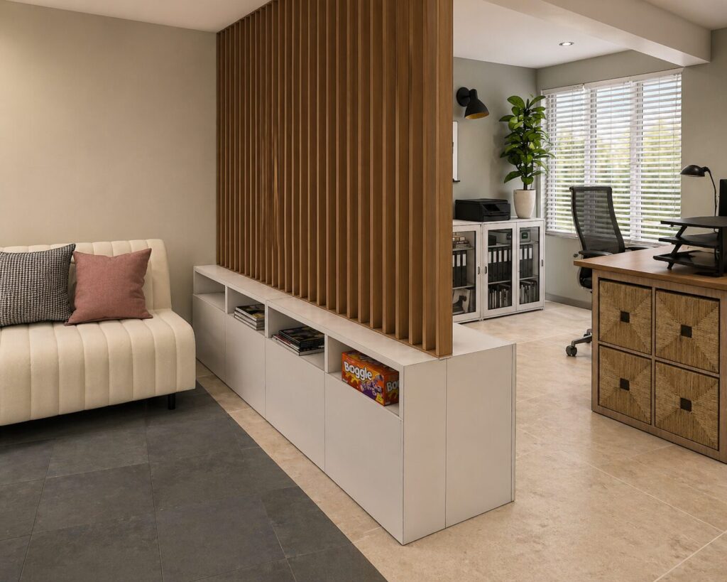 vue 3D d'une pièce de 15 m² avec espace détente et espace travail séparés par un module de rangement avec claustra en bois