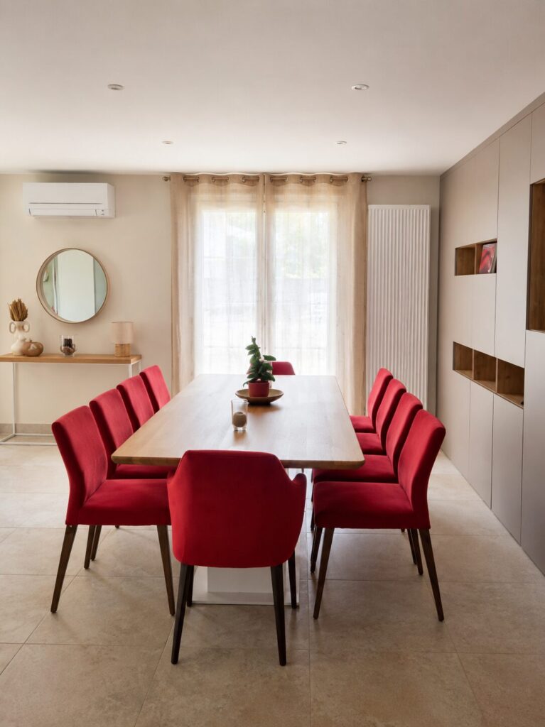salle à manger avec table en bois et fauteuils rouges, living beige